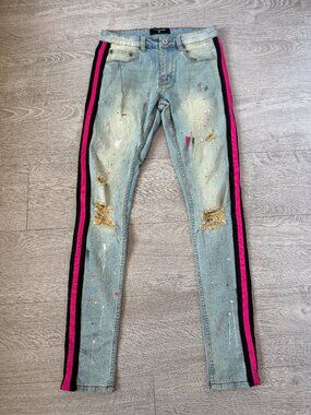 Serenade Men’s Jeans 30 Light Wash Pink Stripe Distressed Paint Splatter